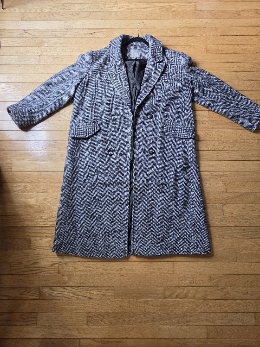 Asos Women’s Oversized Black/Whire  Herringbone Wool-Blend Double-Breasted Coat